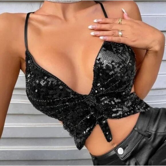 S/M‎ Sexy Black Sequin Butterfly Bustier V-Neck Sling Rave Club Crop Top - Picture 2 of 5